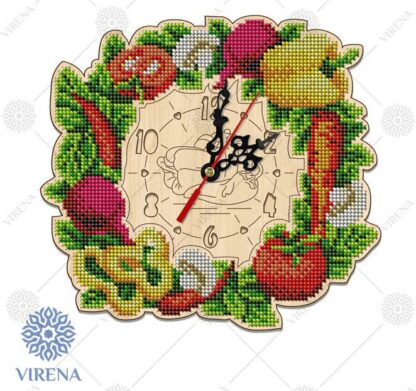 “Verdura”. Kit-orologio di legno ricamo a perline