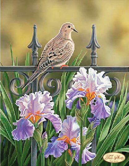 "Uccellino nel parco. Iris barbate". Schema ricamo a perline