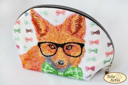 "La volpe con il papillon". Porta trucco ricamo a perline