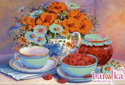 “Marmellata di lamponi. Natura morta con fiori e frutta”. Schema ricamo a perline