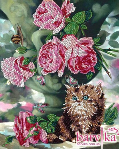 “Gattino e rose”. Kit ricamo a perline