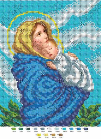 "La Madonnina di Roberto Ferruzzi" con sfondo ricamato. Schema ricamo a perline