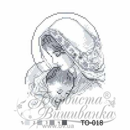 "Madonna con bambino Gesù Cristo". Monocrome-grigio. Schema ricamo a perline