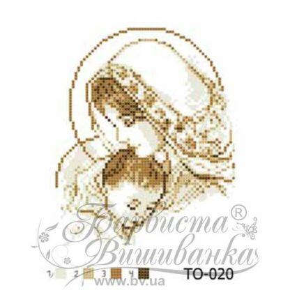 "Madonna con bambino Gesù Cristo". Monocrome-marrone. Schema ricamo a perline
