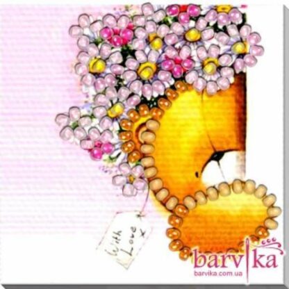 "Orsetto con corona di fiori". Kit-calamita ricamo a perline