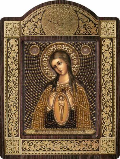 "Madonna La protezione nell'ora del parto". Kit-icona ricamo a perline, con cornice