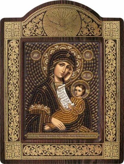 "Madonna protegge dalle sofferenze". Kit-icona ricamo a perline, con cornice