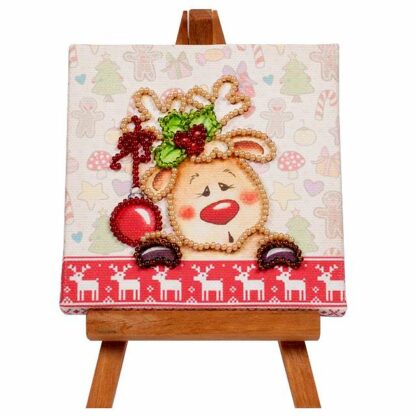 "Renna di Babbo Natale". Kit-pensierino ricamo a perline, con cavalletto