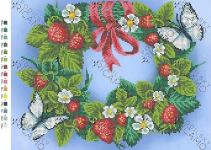 "Corona di fiori. Fragole e farfalle". Schema ricamo a perline