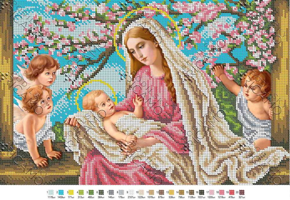Madonna con bambino Gesù nel giardino. Schema ricamo a perline