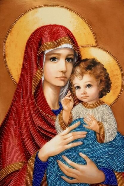 "Madonna con Bambino" in rosso di Zorina Baldescu. KIT ricamo a perline