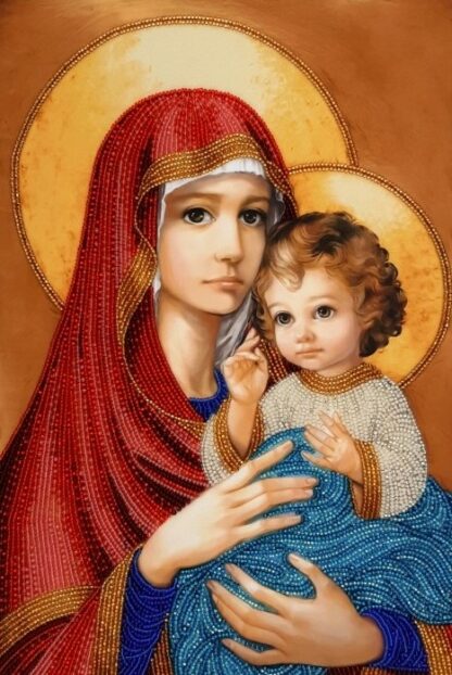 "Madonna con Bambino" in rosso di Zorina Baldescu. KIT ricamo a perline