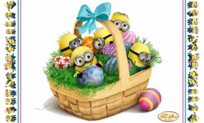 "Cestino pasquale con i Minions". Centrino ricamo a perline