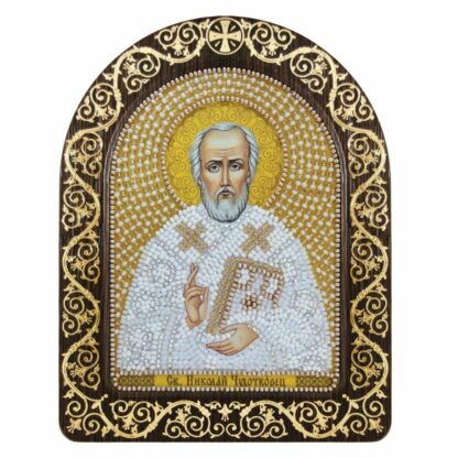 "San Nicola in bianco". Kit-icona ricamo a perline, con cornice