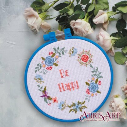 "Be Happy!". Kit ricamo punto croce con telaio