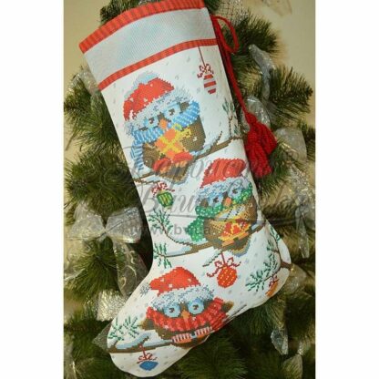 "Gufetti natalizi". Calza di Natale ricamo a perline