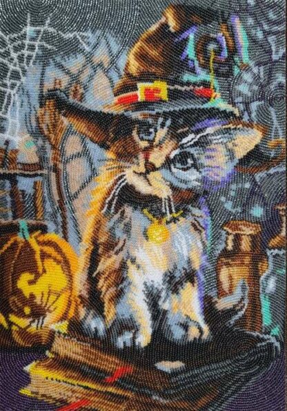 "In attesa di Halloween. Gatto". Kit ricamo a perline
