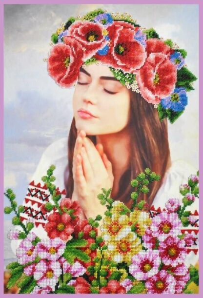 "Donna con corona di fiori". Kit ricamo a perline