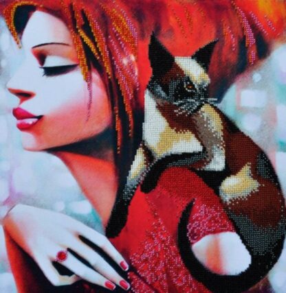 "Lady In Red. Gatto". Kit ricamo a perline
