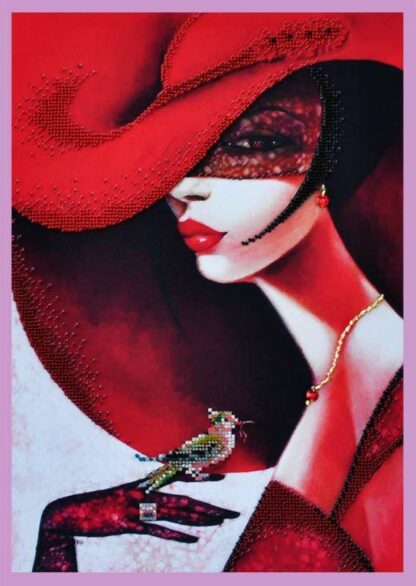 "Lady In Red. Uccellino". Kit ricamo a perline