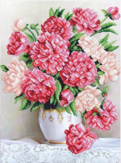 “Peonie nel vaso”. Kit ricamo a perline