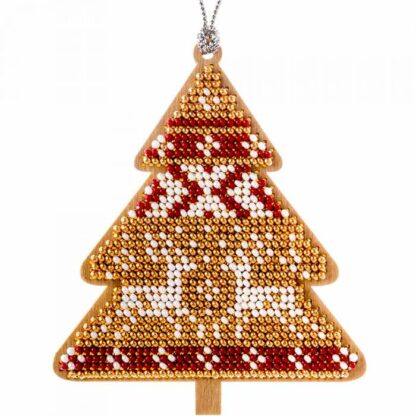“Albero di Natale. Motivi Jacquard”. Decorazione di Natale ricamo a perline in legno