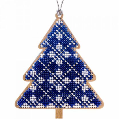 “Albero di Natale. Ornamento blu”. Decorazione di Natale ricamo a perline in legno