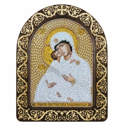 "Madonna di Vladimir in bianco". Kit-icona ricamo a perline, con cornice
