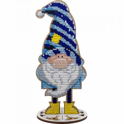 “Nano barbuto con cappello blu”. KIT-Decorazione ricamo a perline in legno