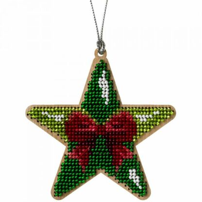 “Stella con con fiocco rosso”. Decorazione di Natale ricamo a perline in legno