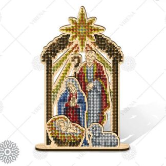 “Presepe di Natale con stella”. Figurine di legno ricamo a perline