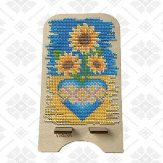 “Girasoli”. Kit-supporto per cellulare di legno ricamo a perline