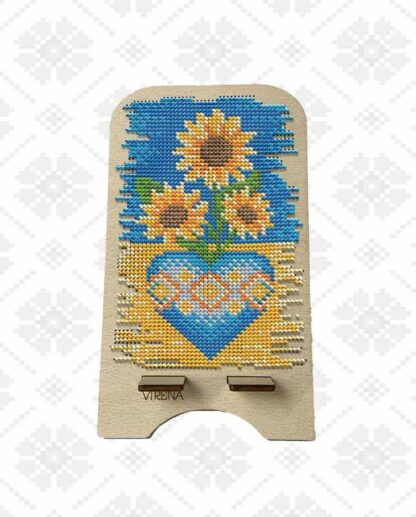 “Girasoli”. Kit-supporto per cellulare di legno ricamo a perline