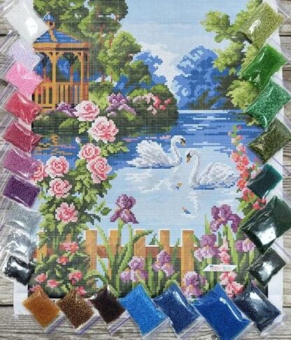 "Cigni sul lago". Schema ricamo a perline